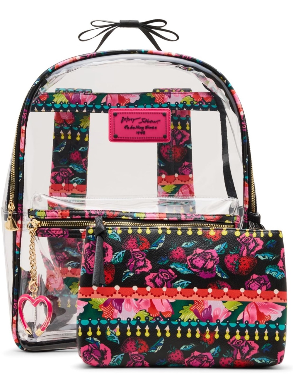 Betsey Johnson Boarder Print Clear Backpack with Pouch NWT